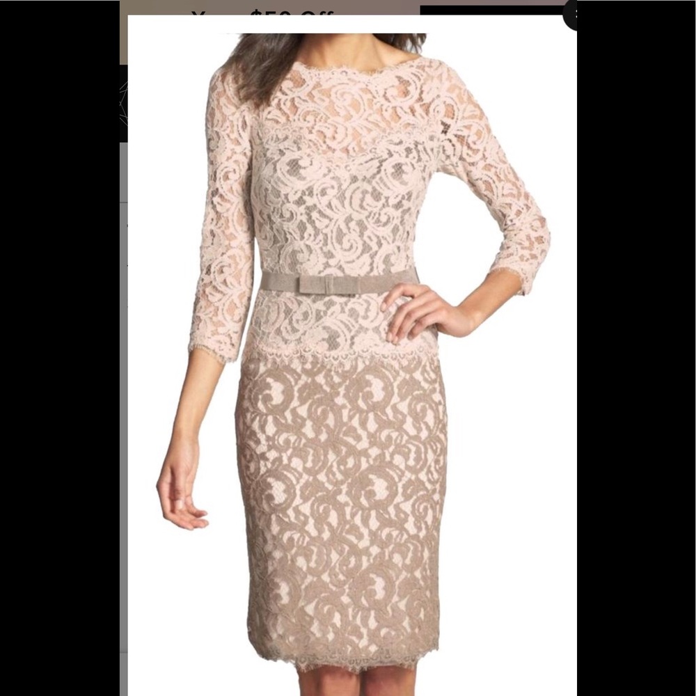 Tadashi Shoji Taupe and Beige Lace Sheath Dress